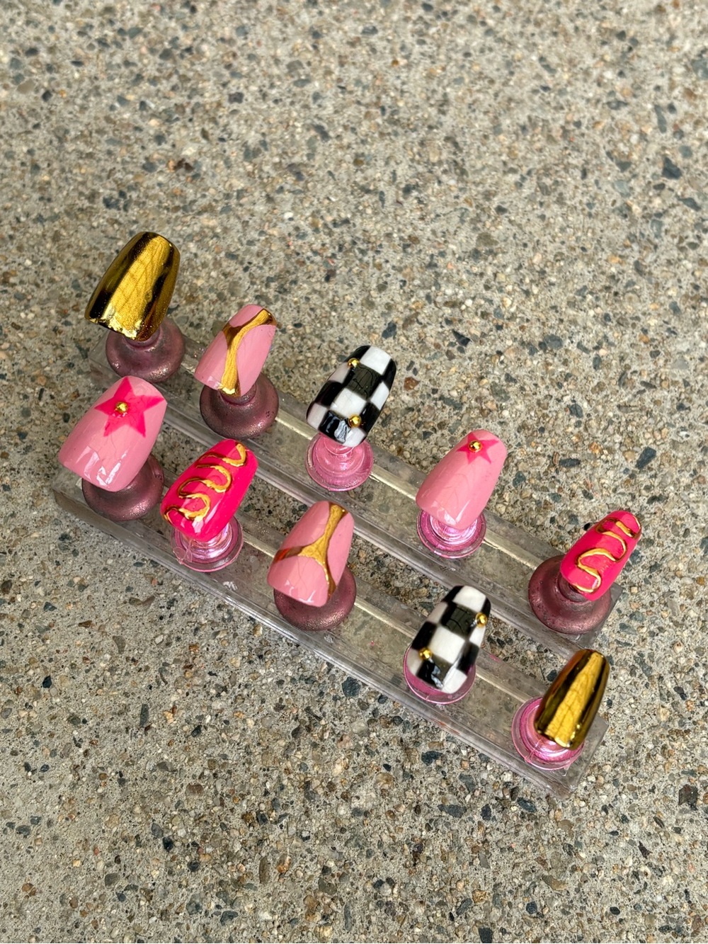 Handmade Pink, Gold & Checkerboard Press-On Nail Set